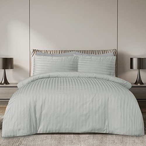Sleepdown Soft Hotel Quality 225 THREAD COUNT COTTON Satin Stripe Duvet Cover Set With Pillowcases in Silver - Super King