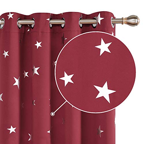 Deconovo Set of 2 Blackout Curtains, Children's Thermal Insulation, Anti-Cold, Star Design Silver Eyelet Curtains for Bedroom, Children, 117 x 160 cm, Red โ image 1