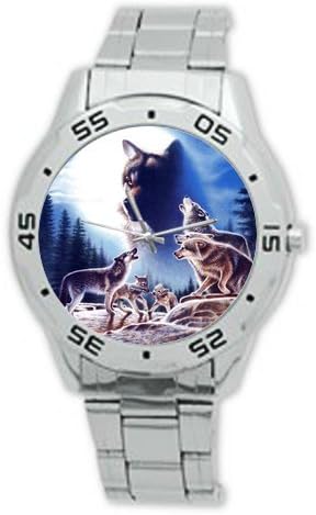 Classic Howling Wolf At full Moon Analogue Stainless Steel Men's Watch