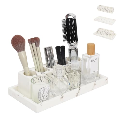 Photo 1 of Vanity Tray With Toothbrush Holder, 2 in 1 Silicone Marble Pattern Bathroom Counter Organizer, Multifunction 10.5" x 5.1" Kitchen Sink Tray, 5 Slots Toothpaste Holder