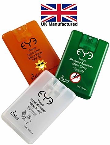 THEYE Compact Travel Micro Sprays - SPF 30 Suncream, Hand Sanitiser Kills 99.999% Bacteria &amp; Insect Repellent 30% Citriodiol by THEYE