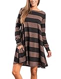 MEROKEETY Women's Crew Neck Striped Long Sleeve Swing Tunic Dress With Pockets