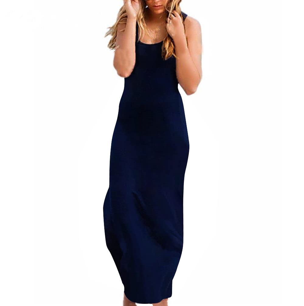 Photo 1 of Roselux Women Sleeveless Scoop Neck Plain Maxi Sundresses Loose Racerback Long Dress Navy Blue S 5096