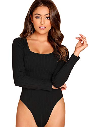 Verdusa Women's Long Sleeve Square Neck Rib Knit Bodysuit Leotard Black S