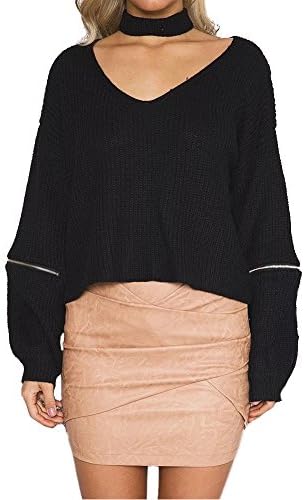 Sushi Kong Women's Solid V Neck Sweater With Choker Black