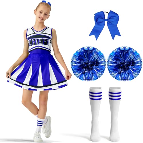 Haozozo Cheerleader Kostüm Kinder, Cheerleader Kostüm Mädchen Karneval Kostüm Kinder Faschingskostüme Kinder Mädchen mit Kleid Stirnband Pompons und Strümpfe