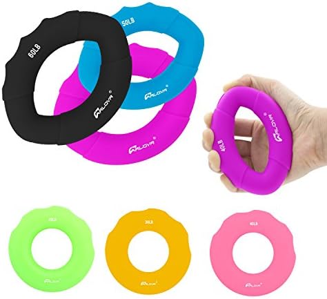 Hand Strengthener Grip Rings Round - Silicone Forearm Wrist Finger Exercise - Ergonomic Design Extensor Resistance Bands for Adult and Children 6 Pack 20-60LB ALOVA