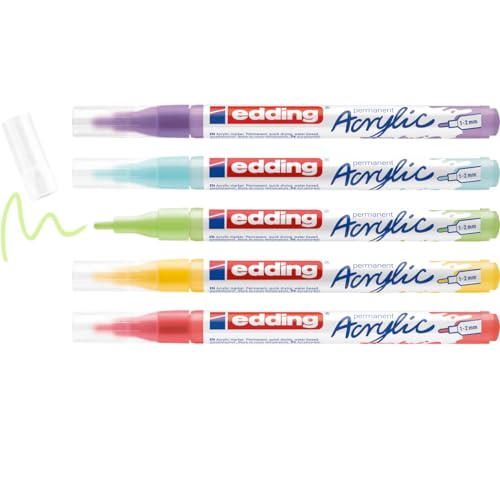 edding 5300 acrylic rainbow Set – 5 colourful acrylic markers – waterproof acrylic pens – fine round tip 1–2 mm – acrylic colours in a colourful selection for painting on canvas, paper, wood, stone
