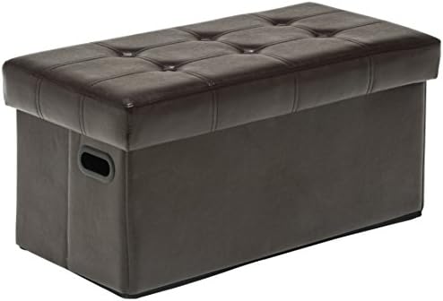 Azufi 30” Faux Leather Folding Storage Ottoman / Footstool / Bench with Dual Plastic Handles, Button-Tufted Pattern, Espresso