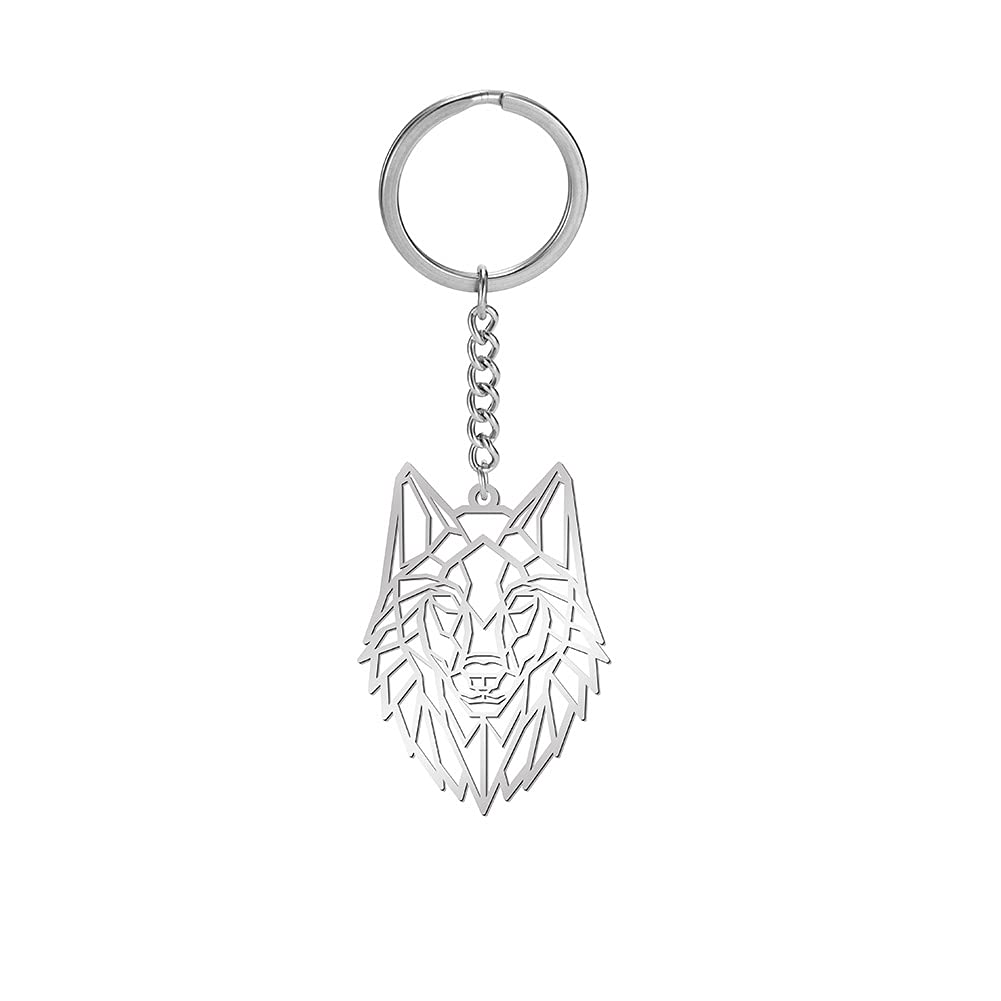 Amaxer Stainless Steel Cute Origami Keyring Geometric Hollow Out Animal Keychain for Unisex Animal Lover (Wolf)