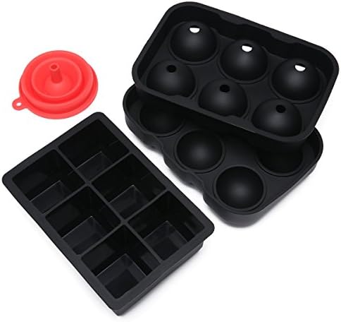 Chprot Silicone Ice Cube Trays Combo (Set of 2) &amp; Collapsible Funnel - Sphere Ice Ball Maker with Lid &amp; Large Square Molds,Reusable and BPA Free (Black)