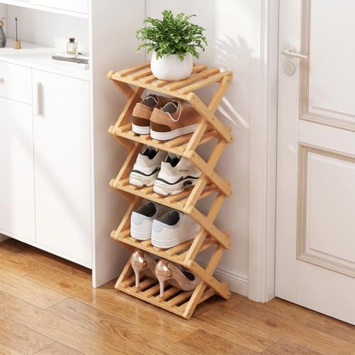 Beuway Shoe Rack, Foldable Bamboo Shoes Shelf for Small Spaces, Multifunctional Vertical Shoe Organizer Tall for Entryway, Closet, Corner, Bedroom, Hallway (Wood Color, 5 Layers) at Amazon