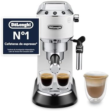 De'longhi dedica - cafeteira com bomba de aço inoxidável para café moído ou cafeteira de dose única, cafeteira expresso e cappuccino, tanque de 1,3 litros, sistema anti-gotejamento, ec685.w, branco