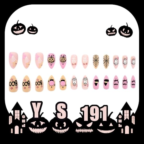 Halloween Press on Nails Short Almond Fake Nails Pink Acrylic Nails Press on Matte Full Cover False Nails with Cobweb Pumpkin Designs Halloween Cute Glue on Nails Short Stick on Nails for Women 24Pcs - Image 4