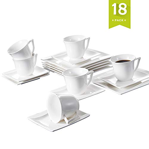 MALACASA 18-Piece Ivory White Porcelain Drinkware Coffee Set Tea Sets 6.8 oz Cups Saucers and Dessert Plates for 6 Carina Series