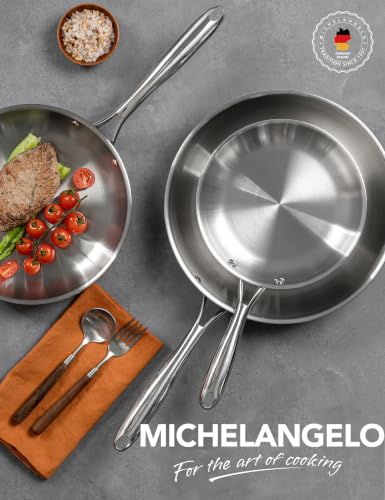 MICHELANGELO 18/10 Stainless Steel Frying Pan Set, 20/24/28cm Steel Frying Pans, Triply Base Stainless Steel Pans Set with Ergonomic Handle, Induction Compatible