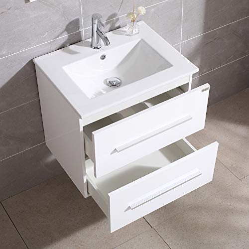 Walnest 24" White Bathroom Vanity and Sink Set Wall Mounted 2 Drawers Storage Cabinet with Ceramic Vessel Basin Chrome Faucet and Mirror Combo