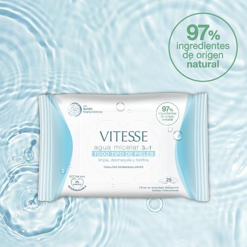 , 3 em 1 Toalhitas Desmaquilhantes Micelar Water para Todos os Tipos de Pele, com Ácido Hialurónico, Limpa e Remove Maquilhagem e Tons à Prova de Água, 25 unidades