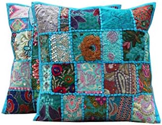 Virasat export Handmade Indian khambariya Cushion Cover Vintage Boho Pillow Cases Terquise (Set of 2 PC's)