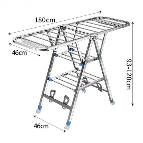 3 Tier Extendable Clothes Drying Rack, 1.8M Compact Stainless Clothes Stand,Winged FreeStanding Laundry Dryer Rack for Drying Clothing Indoor Outdoor,Height-Adjustable Wings,33 Rails,Sock Clips,Wheels