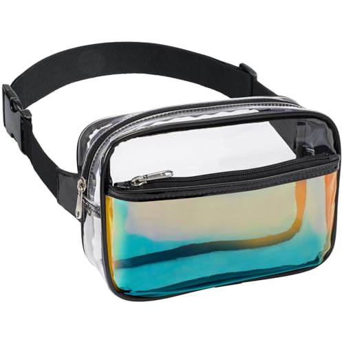 Veckle Clear Fanny Pack - Holographic Black Clear Belt Bag Crossbody Fashion Fanny Packs for Women Men Cute Waist Bag with Adjustable Strap for Sports Events, Concerts, Festivals