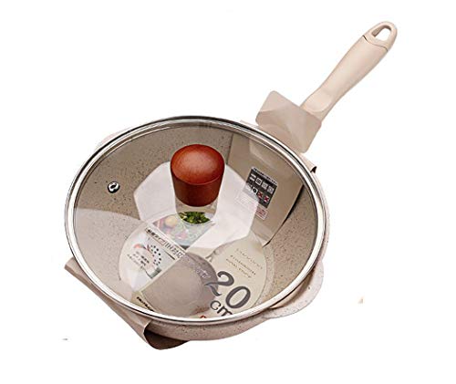 24CM Beige Maifan Stone Non-stick Pan with Lid Household Frying and Frying Pan with Wok Japanese Style Small Wok Induction Cooker Gas Stove General(Size: 9.4 inches long x 3.3 inches high)