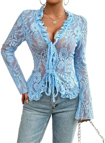Women's Sexy Sheer Open Front Tie Shirt Lace Floral Long Sleeve V
