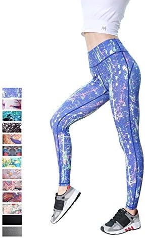 FINEMORE Women Yoga Pants High Waist Sport Workout Running Power Flex Yoga Leggings Printed Purple Pattern M(US 8-10)