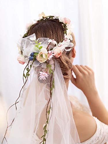 Swittyun Flower Wreath Headband Girls Flower Crown Veil Women Floral Garland Boho for Festival Wedding with Veil