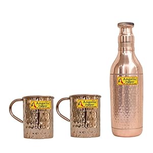 Angelic Copper Champagne Hammered Bottle with Cup Set, 1 Litre, Set of 2, Brown