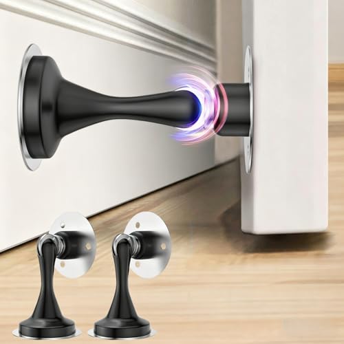 LSXD Tope de Puerta Magnético, 2 PCS Inoxidable Door Stopper, Imanes para Puertas con Cinta Adhesiva y Tornillos, Detenedor de Puerta Protector de Pared Contra Golpe para Dormitorio, Cocina, Negro