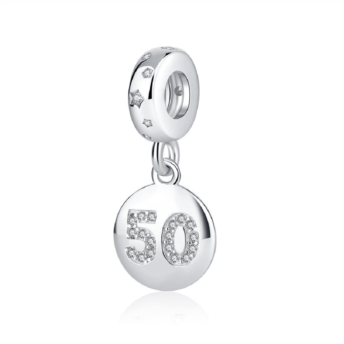FeatherWish Celebration 50th Happy Birthday 925 Sterling Silver Dangle Pendant Charm With Cubic Zirconia Compatible With Pandora Bracelet Or Necklace (50th)