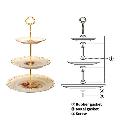 YOLIFE Flowering Shrubs Pattern 3 Tiered Cupcake Stand,Emboss Golden Leaves Edge Tea Party Pastry Tower,6-8-10 inch - Thumbnail 5