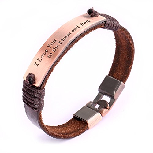 Leather Bracelet,UHIBROS Genuine Leather Wrist Band Cuff "I Love You to the Moon and Back" Rose Stamped Plate Tag
