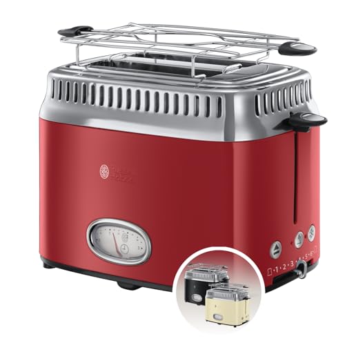 Russell Hobbs Toaster [für 2 Scheiben] Retro Edelstahl Rot (Countdown-Anzeige im Retrodesign, inkl. Brötchenaufsatz, 6 Bräunungsstufen + Auftau- & Auf
