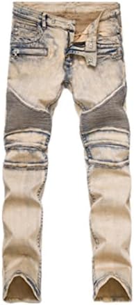 Men's Khaki Biker Moto Slim Fit Skinny Distressed Vintage Runway Denim Jeans 30