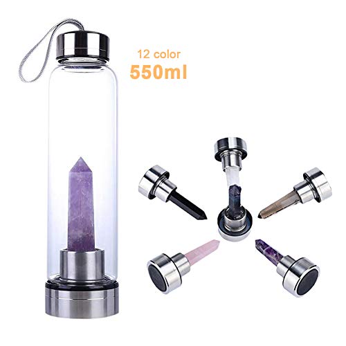 Natural Crystal Glass Water Bottle, Water Bottle with Gemstone Center Crystal Elixir Bottle with Natural Crystal Point Healing Obelisk Handheld Glass Energy Bottle (Amethyst)
