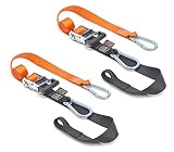 PowerTye 1½" x 6½ft Heavy-Duty Ratchet Tie-Downs, Made in USA with our Original Design Soft-Tye/Loop and Carabiner Hooks, Orange/Black (pair)