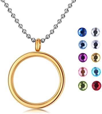 Turantu Charm Living Memory Floating Round Locket Pendant Necklace, Stainless Steel Toughened Glass Free Chain-Gold