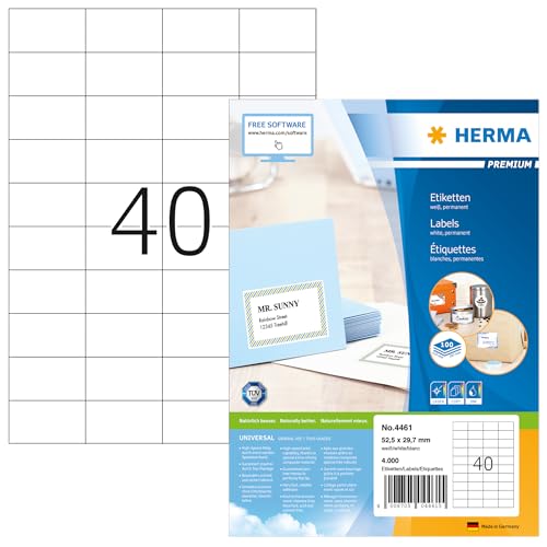 HERMA Self Adhesive Multipurpose Labels, 40 Labels per A4 Sheet, 100 Sheets, 52.5 x 29.7 mm, 4000 Labels, Blank Universal Labels Stickers, Sticky Labels for Laser & Inkjet Printer, White