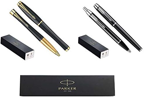 PARKER Luxury Pen Set (Muted Black w/Gold Trim Finish Urban Ballpoint & Urban Rollerball med point Black Ink Pens) + (Black w/Chrome Trim Finish IM Ballpoint & IM Rollerball med point Black Ink Pens)