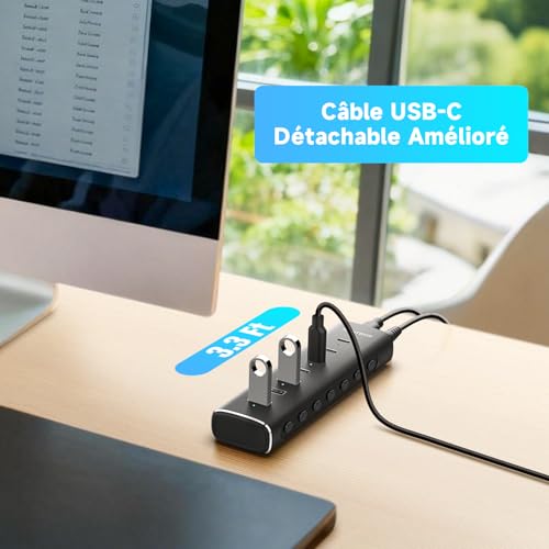 RSHTECH 36W USB C Powered Hub, 7 Ports (4C+3A) Aluminum USB-C 3.2 10Gbps Data Hub with 12V/3A AC Adapter and Detachable Cable 3.3 Feet