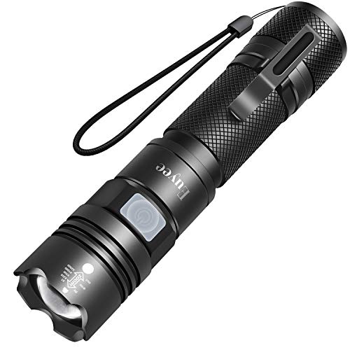 Rechargeable Flashlight Tactical LED Flashlight High Lumens Super Bright Zoomable Flashlights with 18650 Battery Pen Clip Small EDC Work Flashlight 5 Lighting Modes for Camping Hiking Emergency Black