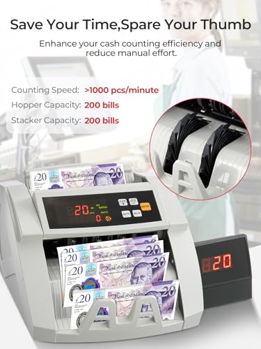 FOHERE Money Counter Machine, Professional Bill Counter with UV/IR/DD Counterfeit Detection, 1100 Banknotes/Minute, LCD Display, Value & Batch Cash Counting Modes for Shops, Banks and Restaurants