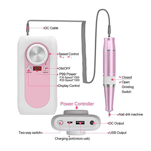 AQSURE Nail Drill, Rechargeable 30000RPM Electric E-file Nail Drill Machine for Acrylic Nails, Manicure/Pedicure, Polishing and Cuticle for Women, Home and Salon Use