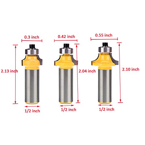 Eyech Set of 6 1/2 Inch Shank Round-Over Edging Router Bits Woodworking Milling Cutter Tools -1/8" 1/4" 5/16" 3/8" 7/16" 1/2" Radius