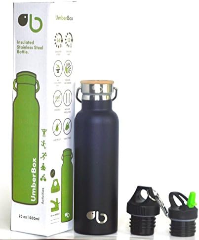 UmberBox - Stainless Steel Water Bottle, Double Wall, Vacuum Insulated, Wide Mouth, Bamboo Cap, BPA Free, Hot 12 HRS Cold 24 HRS, Leak Proof, BONUS - 2 FREE CAPS 20oz (Black)