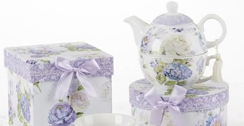 Tea For One Teapot with Saucer and Cup Purple Hydrangea and Roses Gift Boxed
