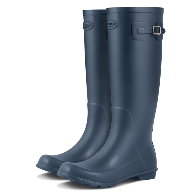 Photo 1 of TerraTrax Women's Rain Boots, Waterproof Natural Rubber Knee High Boots with Arch Support - Adjustable Gusset for Custom Fit, Comfortable Gardening Shoes & Festival Wellies, Blue & Size 8