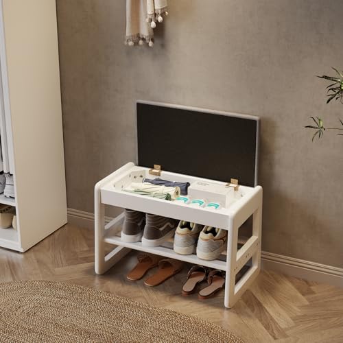 AQIMUELE Shoe Bench Cushion, 2 Levels, Shoe Bench with Folding Lid, Wooden Shoe Rack for Entryway, Hallway 60 cm (White)